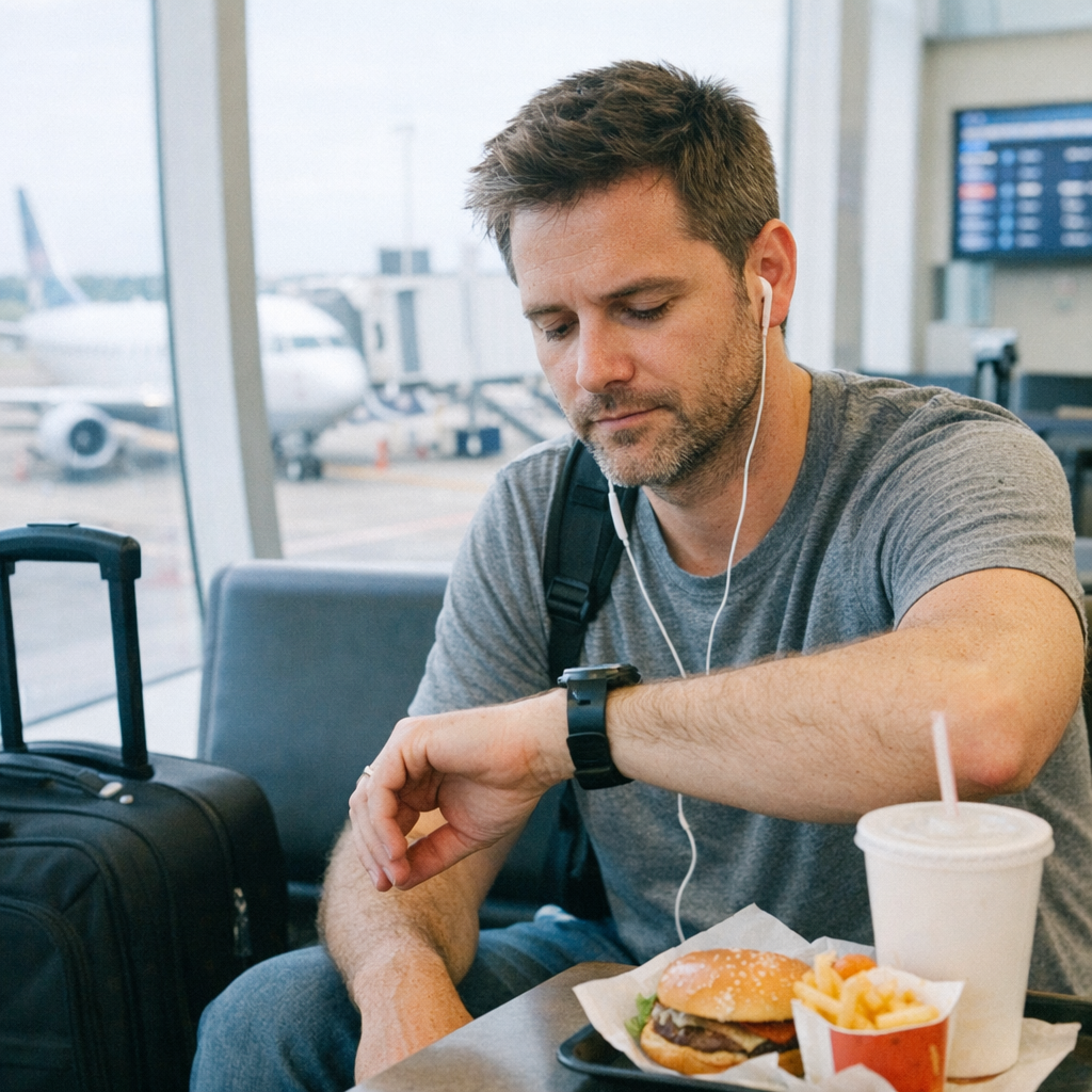 FastMinder fasting timer and a water bottle for airport days