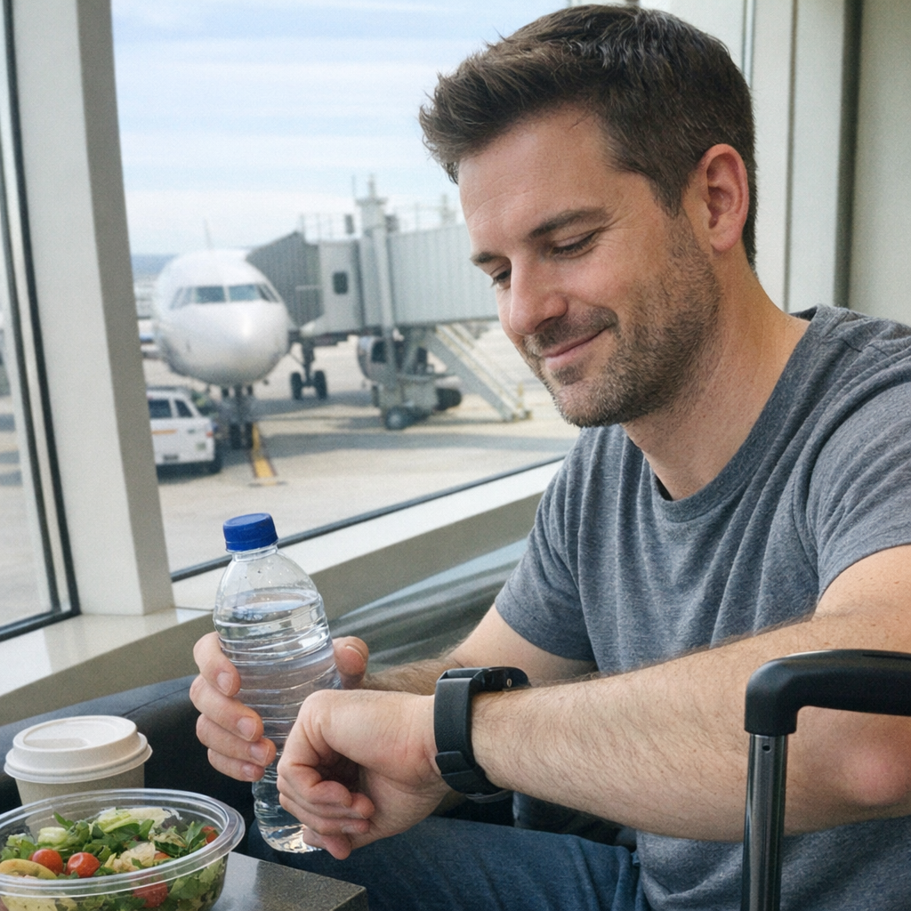 Close-up scene for airport days with a phone and a water bottle