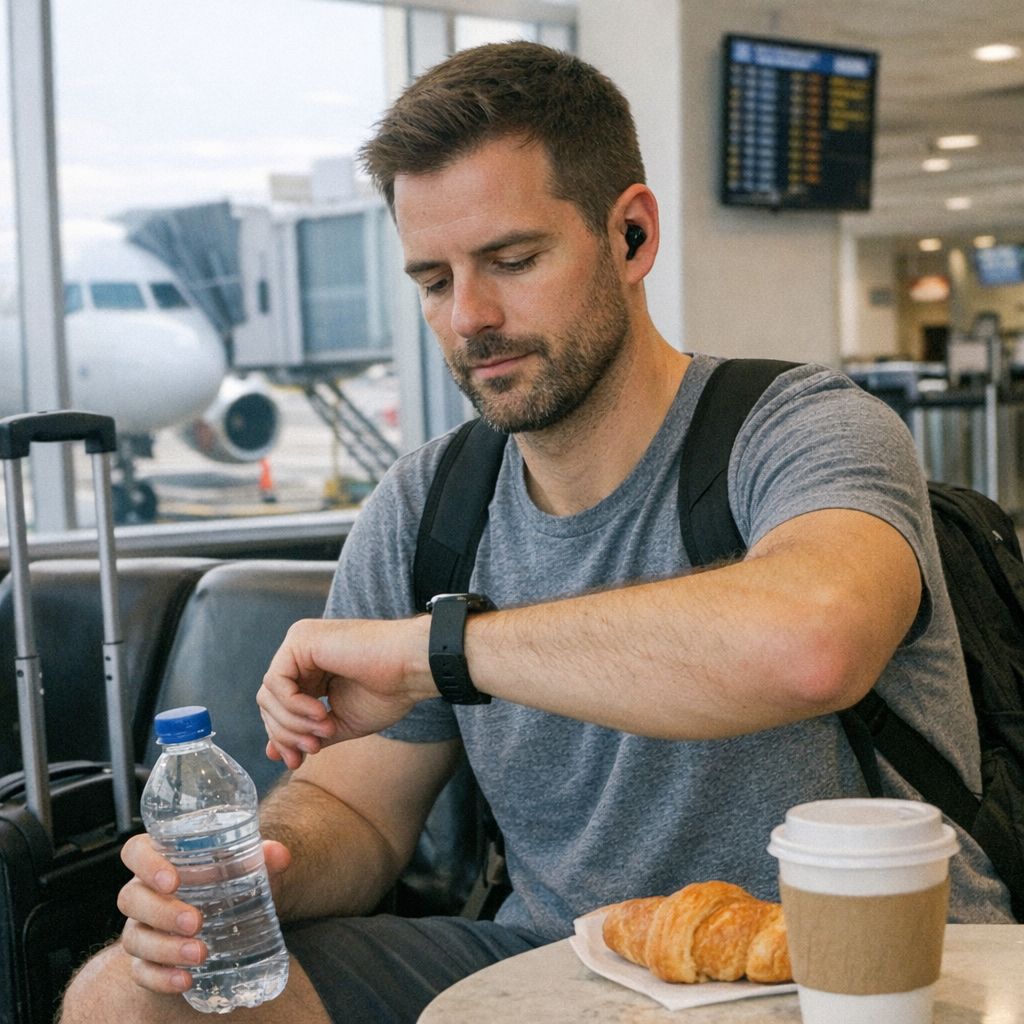 FastMinder fasting timer and a water bottle for airport days