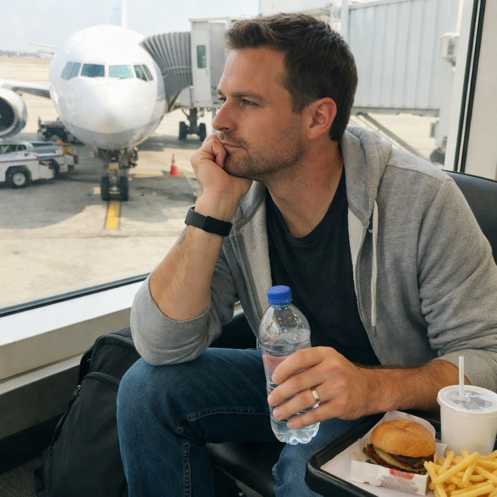 FastMinder fasting timer and a water bottle for airport days