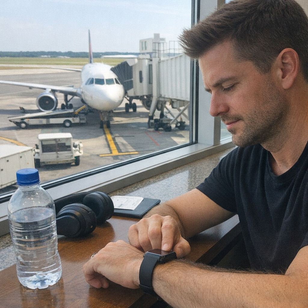 Close-up scene for airport days with a phone and a water bottle