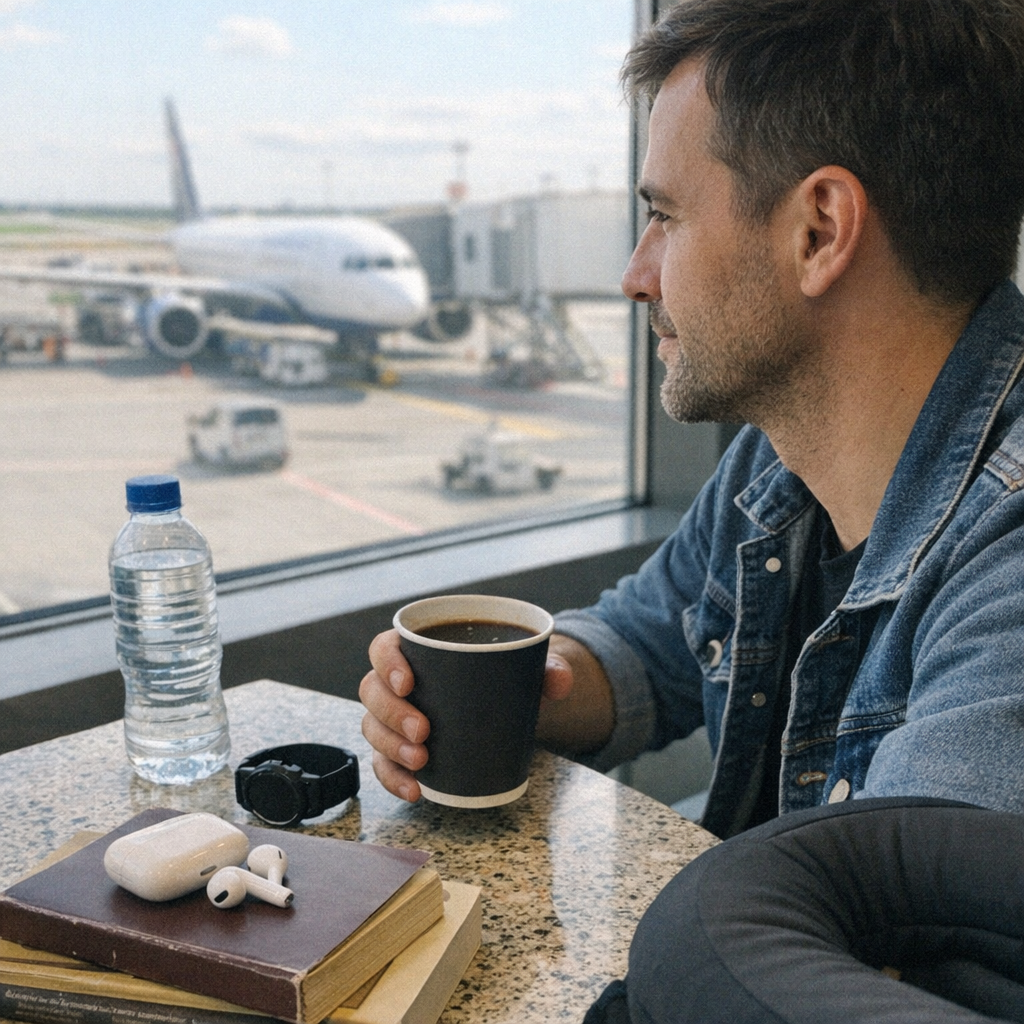 Close-up scene for airport days with a phone and a water bottle