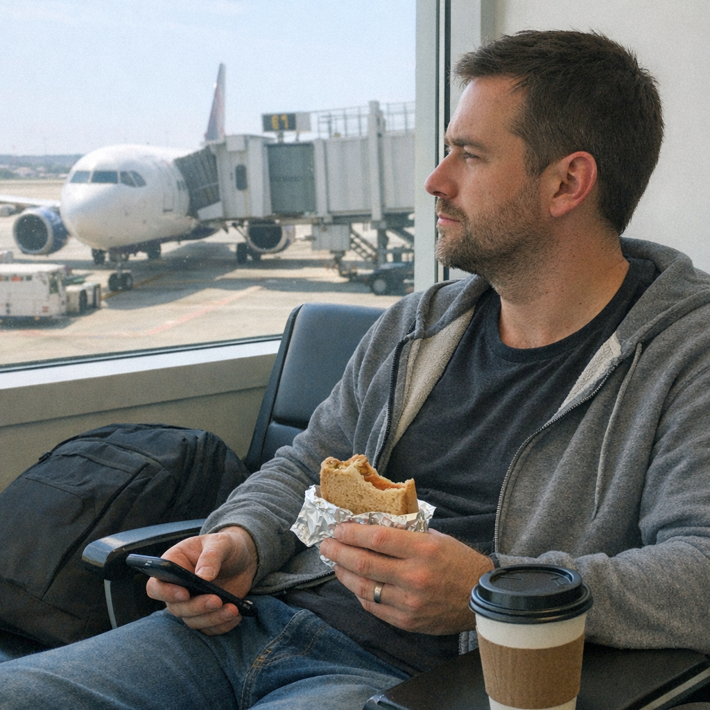 FastMinder fasting timer and a water bottle for airport days