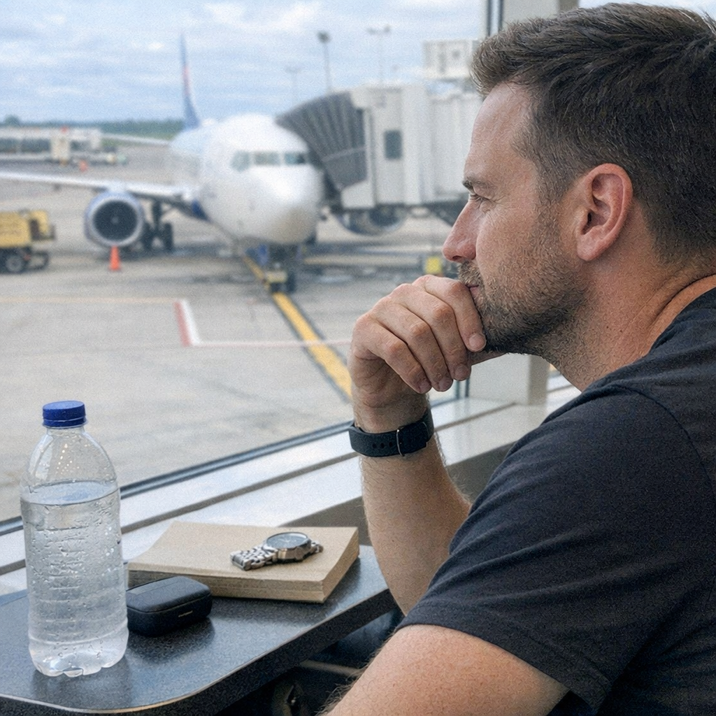 Close-up scene for airport days with a phone and a water bottle