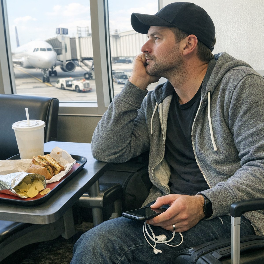 FastMinder fasting timer and a water bottle for airport days