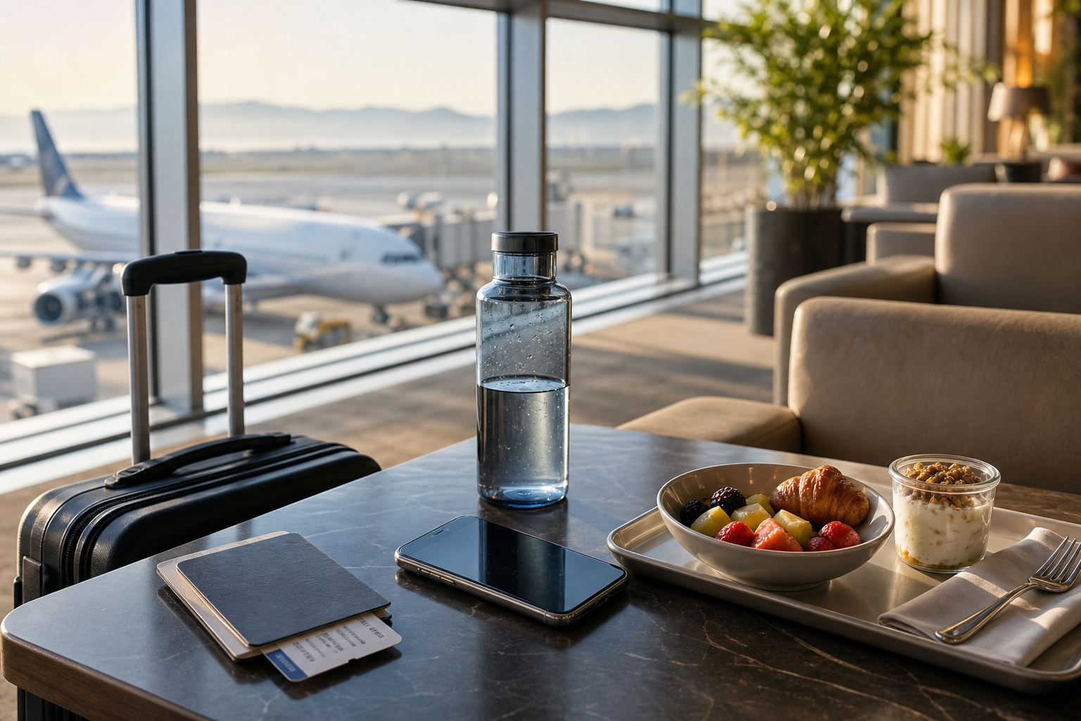 FastMinder fasting timer on a travel table with a carry-on bag, water bottle, and boarding pass