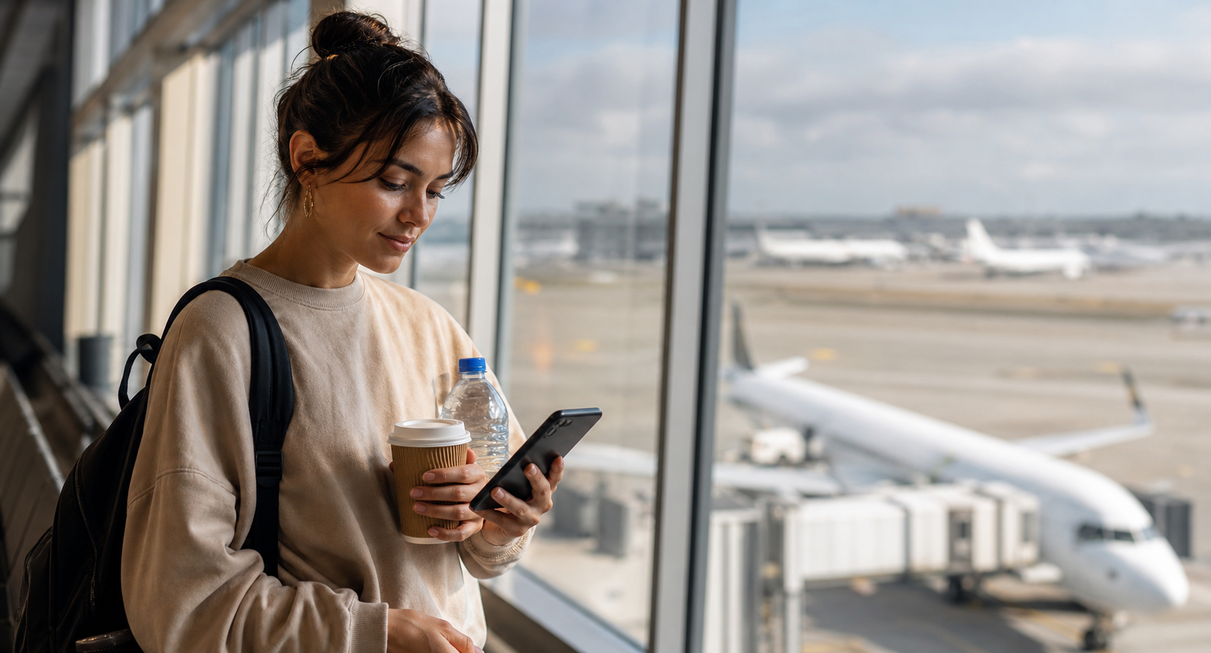 A traveler at an airport gate holding a coffee and water bottle while checking a fasting timer on a phone