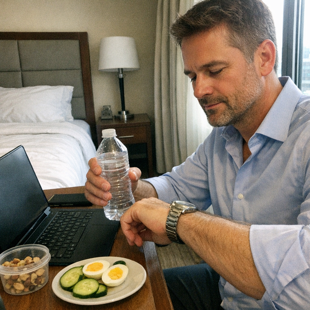 Close-up scene for business travel with a phone and a water bottle