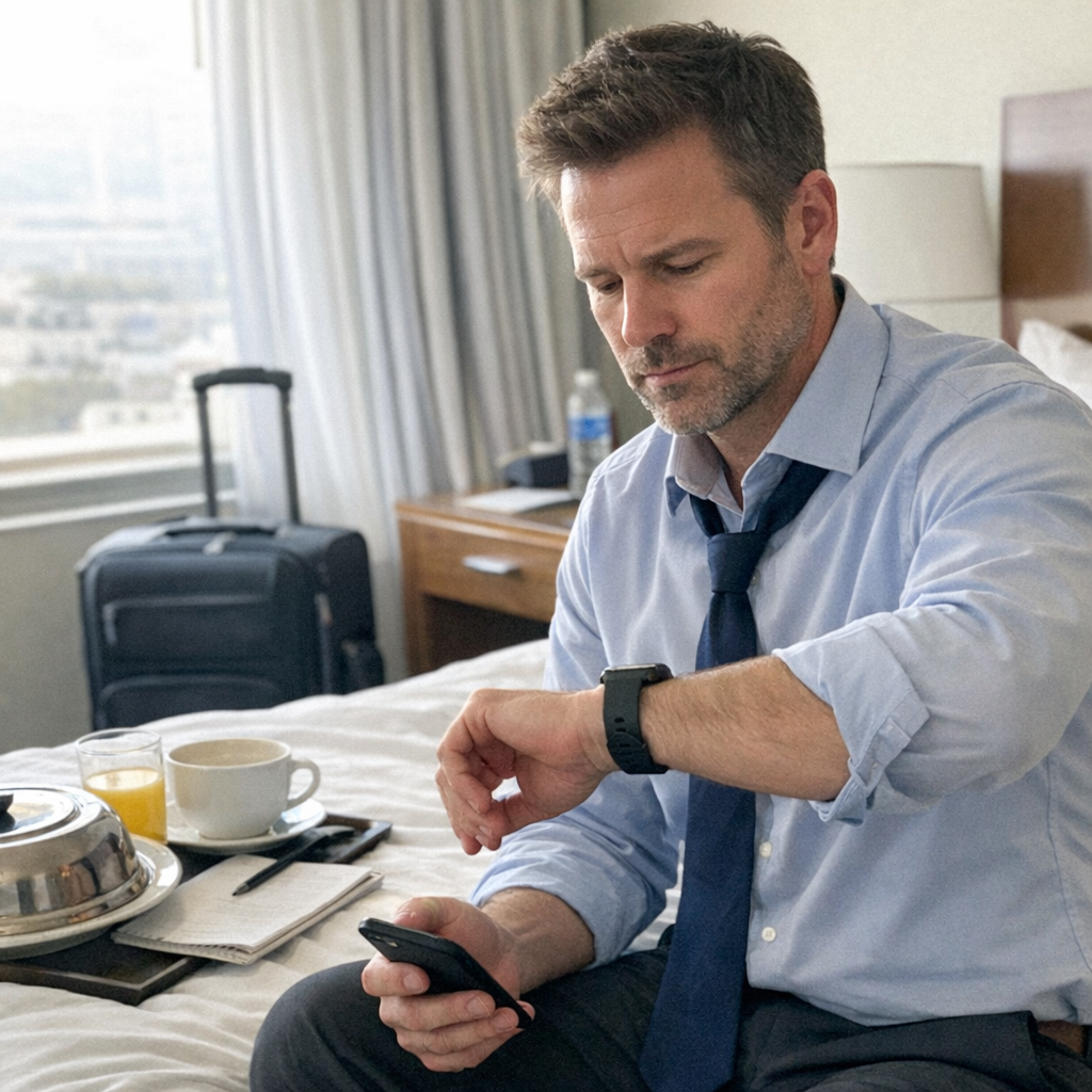 FastMinder fasting timer and a water bottle for business travel