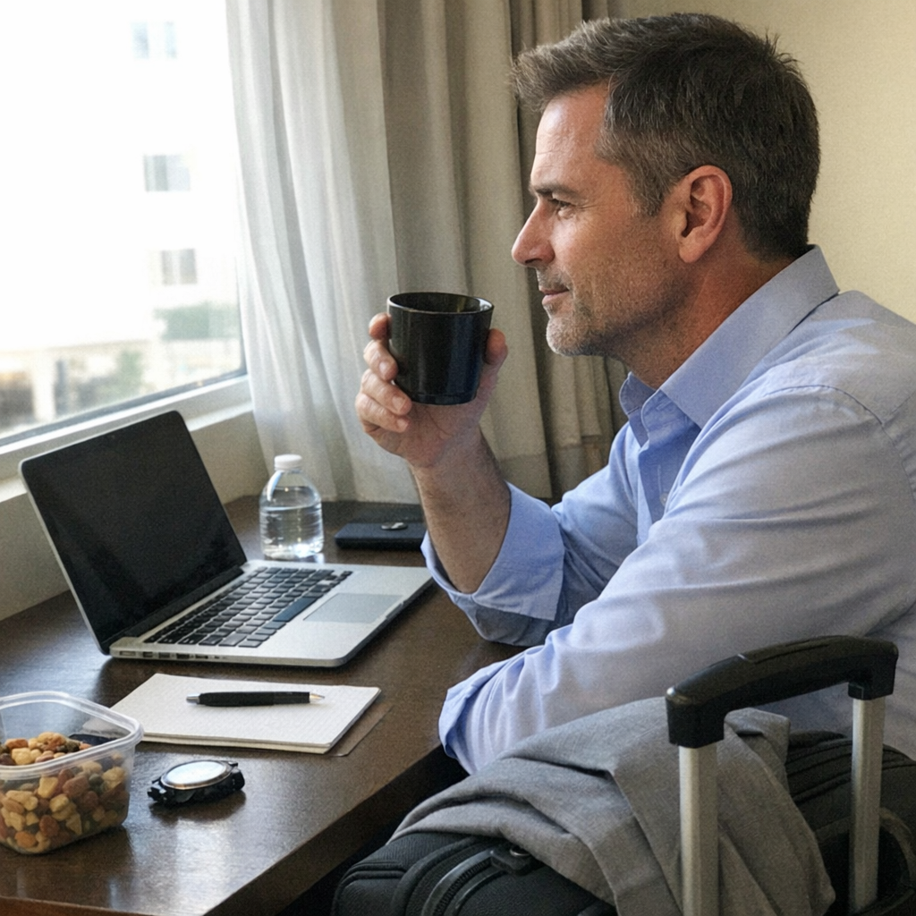 Close-up scene for business travel with a phone and a water bottle