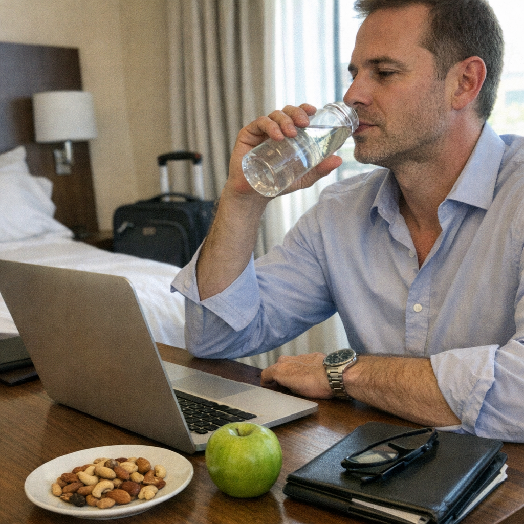 Close-up scene for business travel with a phone and a water bottle
