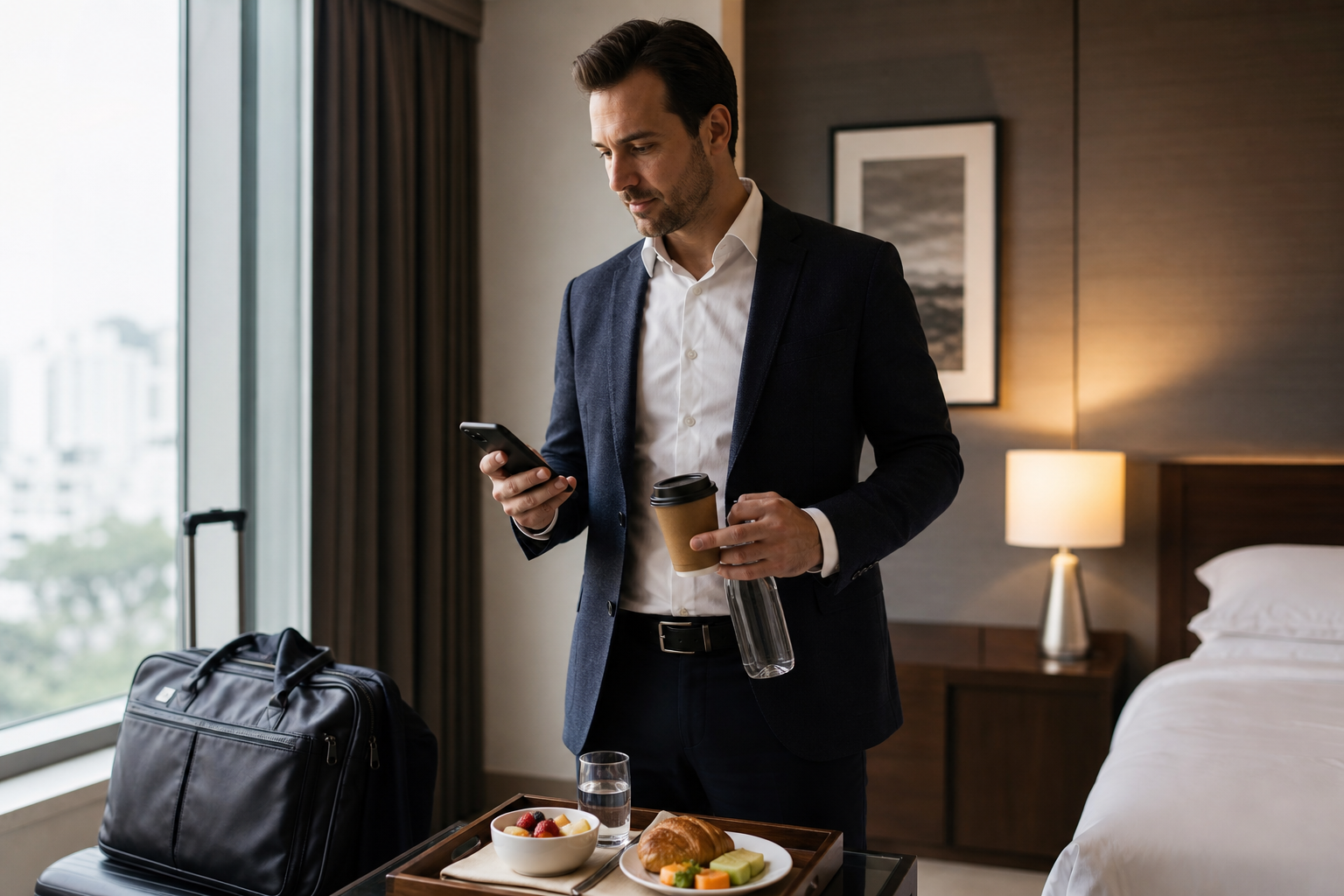 A business traveler checking a fasting timer in a hotel breakfast room with coffee and a water bottle nearby