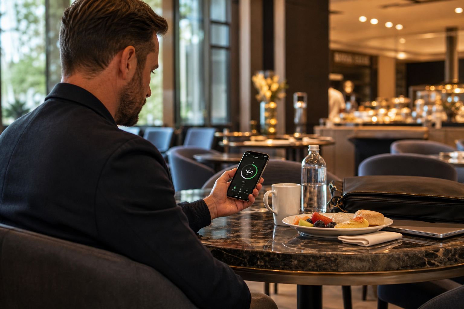 A business traveler in a hotel room holding a coffee and water bottle while checking a fasting timer on a phone