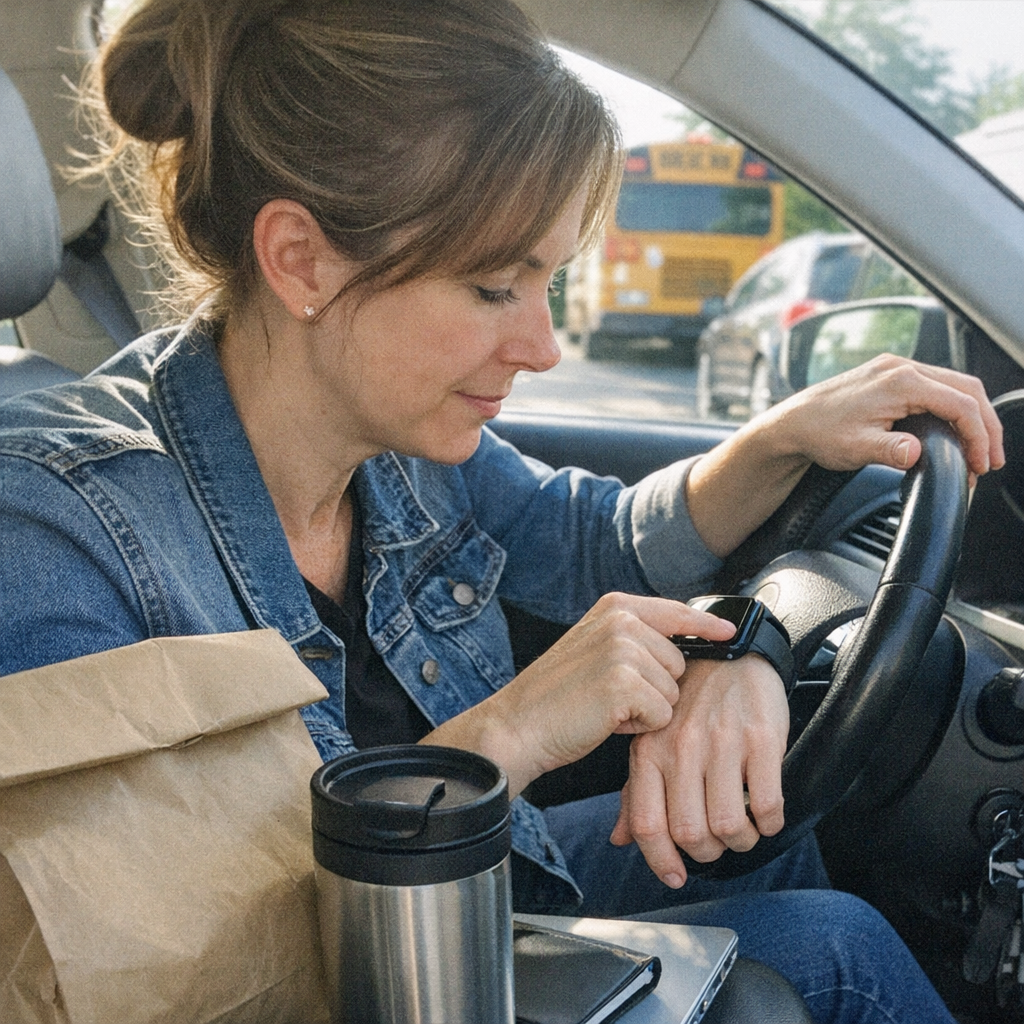 Close-up scene for busy mornings with a phone and a water bottle