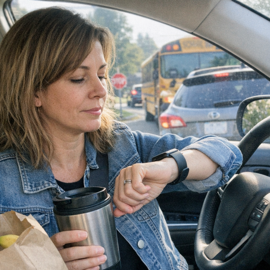 Close-up scene for busy mornings with a phone and a water bottle