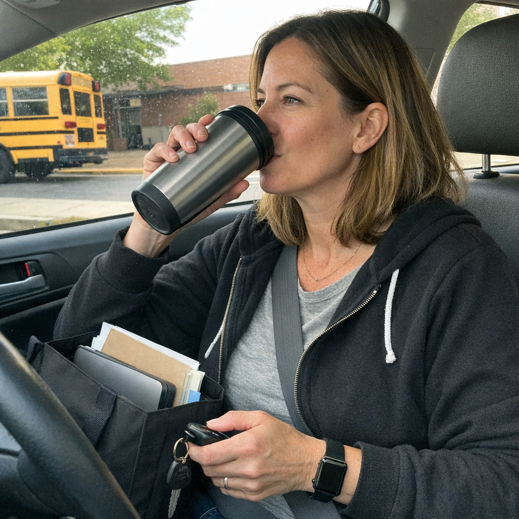 FastMinder fasting timer and a water bottle for busy mornings