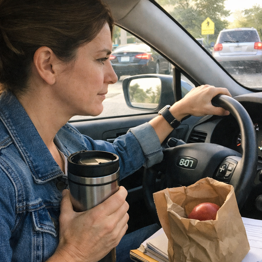 Close-up scene for busy mornings with a phone and a water bottle