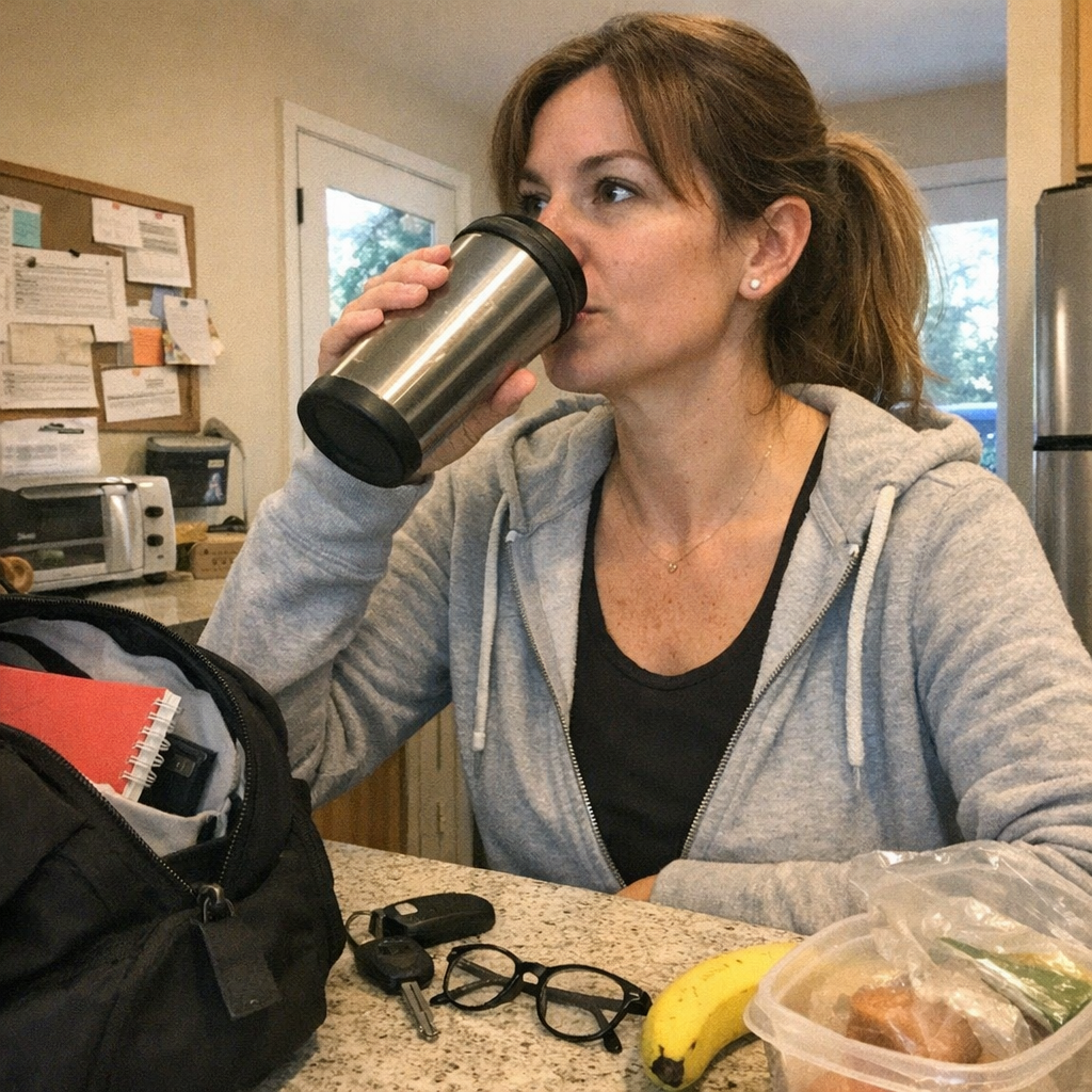 FastMinder fasting timer and a water bottle for busy mornings
