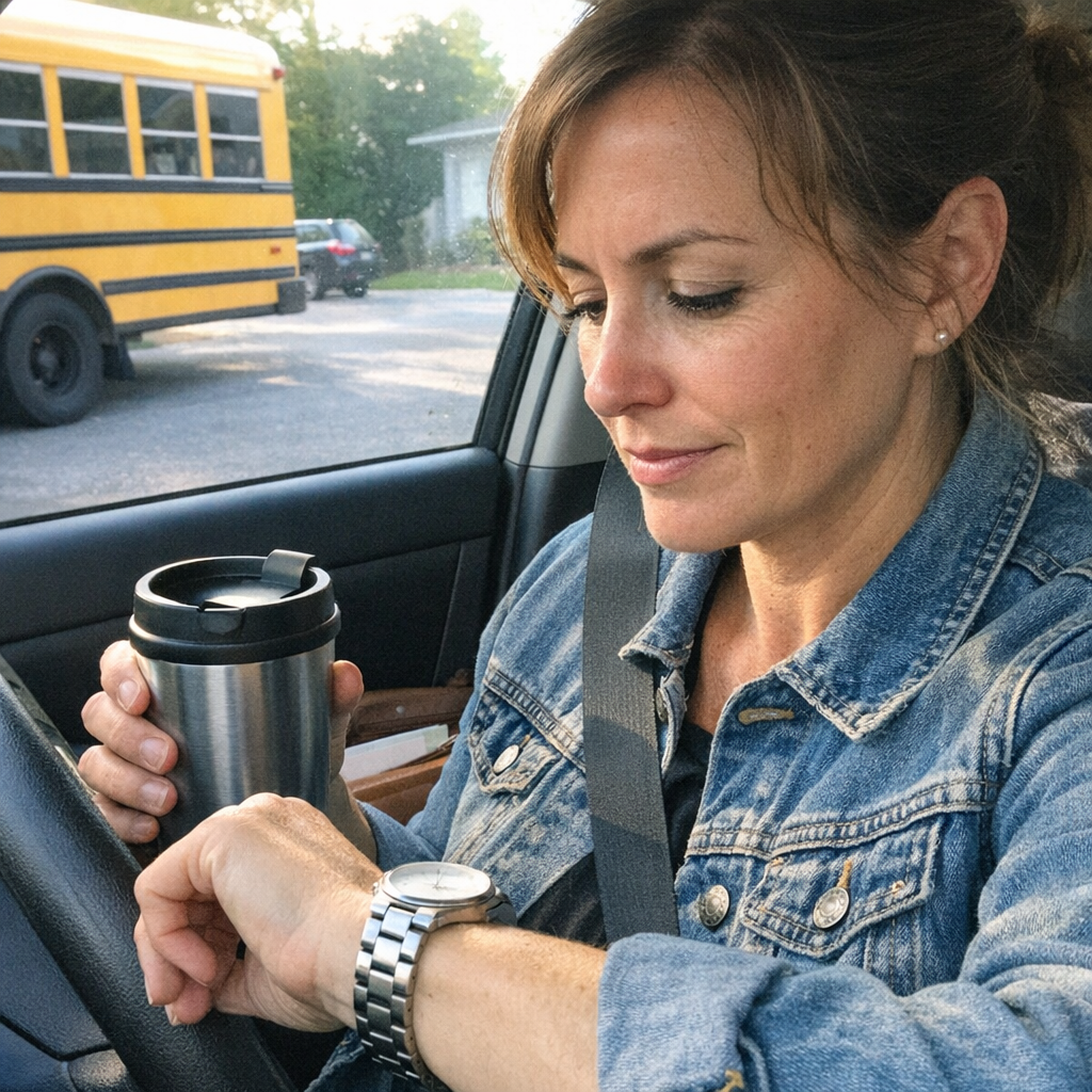 Close-up scene for busy mornings with a phone and a water bottle