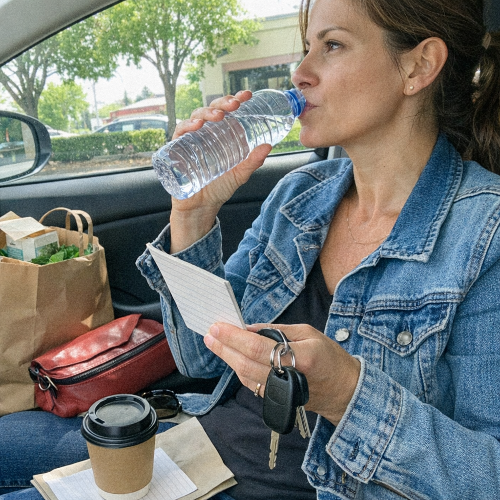 Close-up scene for errand days with a phone and a water bottle