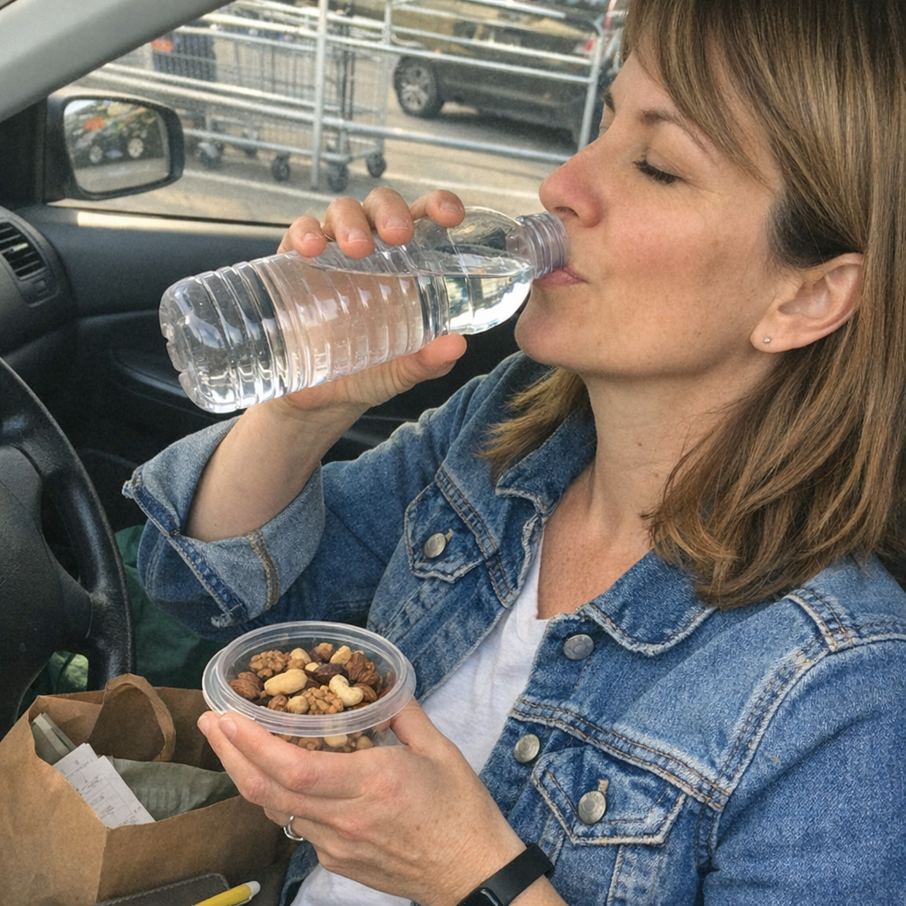Close-up scene for errand days with a phone and a water bottle