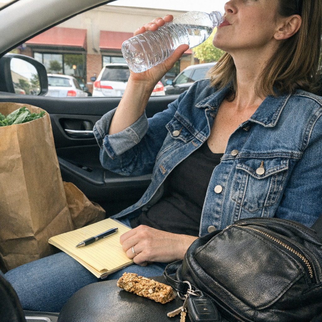 Close-up scene for errand days with a phone and a water bottle