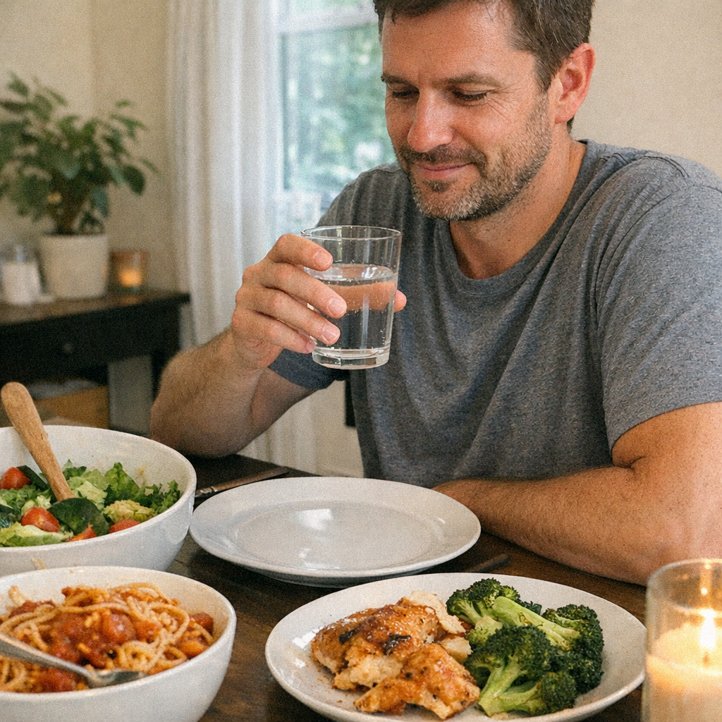 Close-up scene for family dinners with a phone and a water bottle