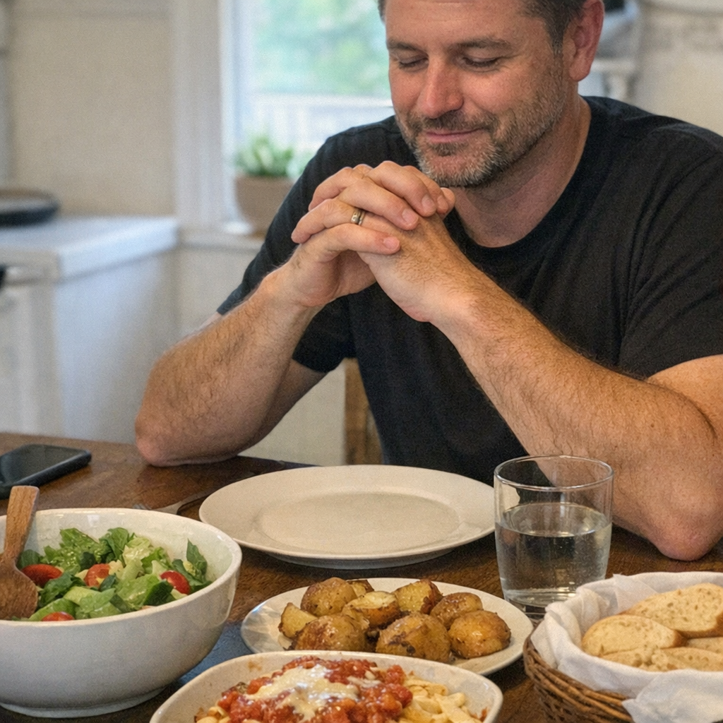 Close-up scene for family dinners with a phone and a water bottle