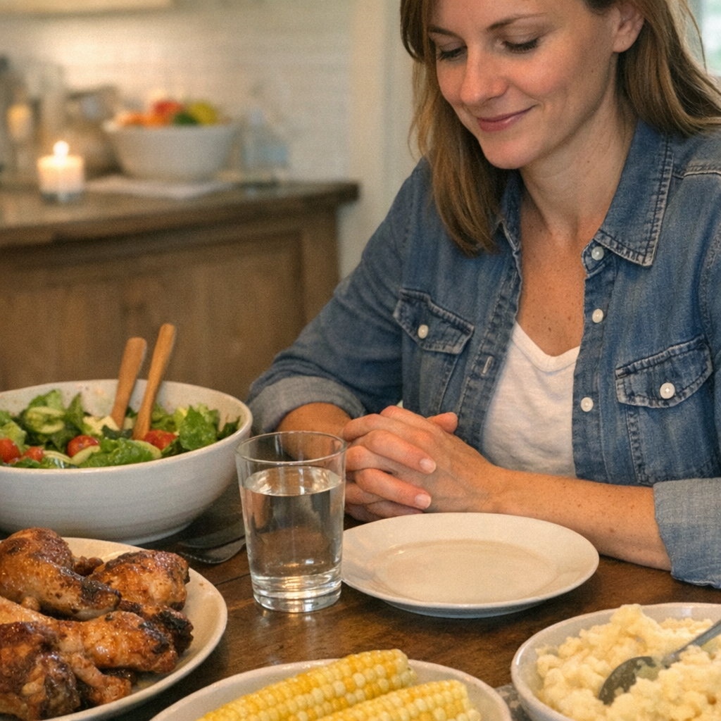 Close-up scene for family dinners with a phone and a water bottle