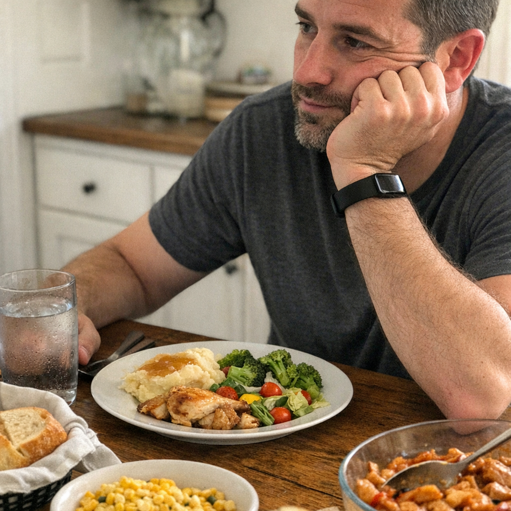 Close-up scene for family dinners with a phone and a water bottle