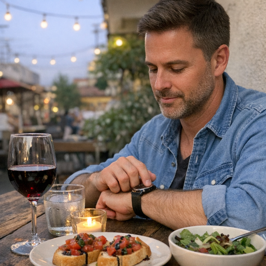 Close-up scene for late dinner days with a phone and a water bottle