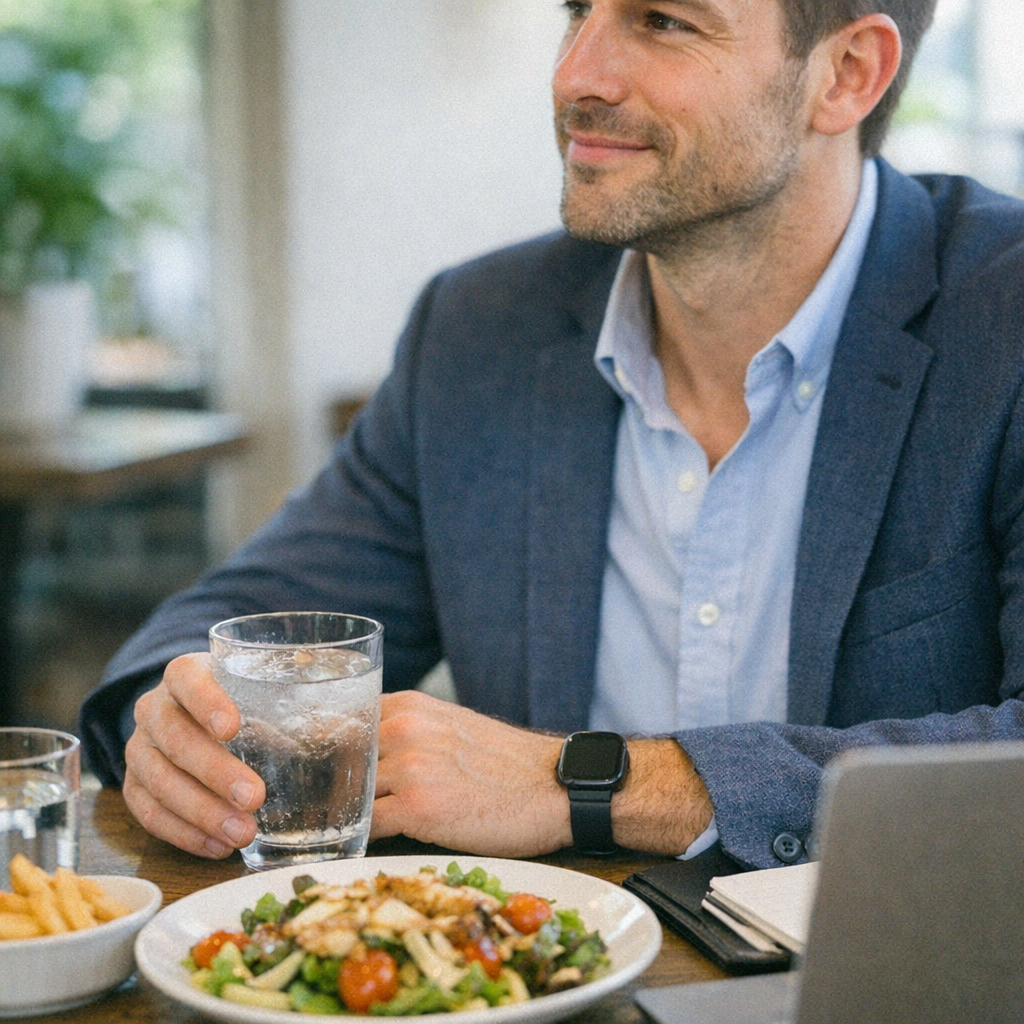 Close-up scene for lunch meetings with a phone and a water bottle