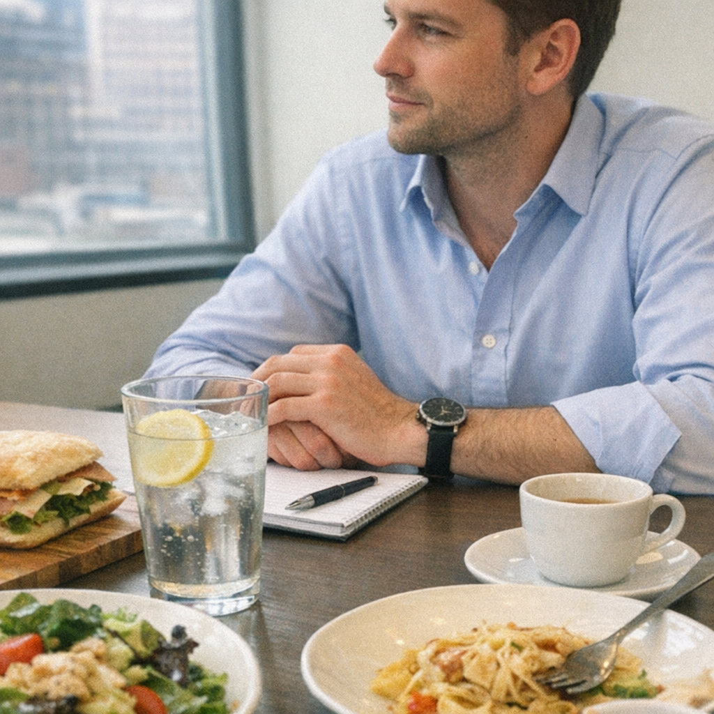 Close-up scene for lunch meetings with a phone and a water bottle