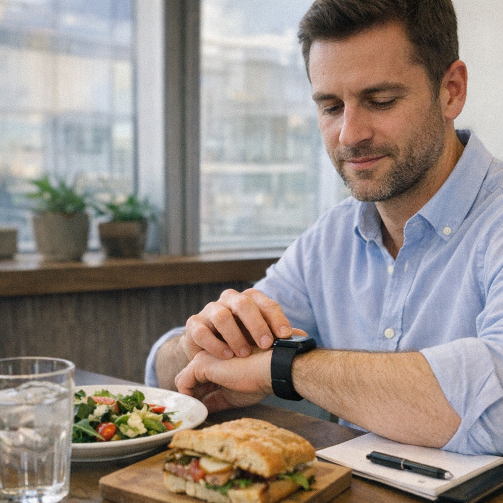 Close-up scene for lunch meetings with a phone and a water bottle