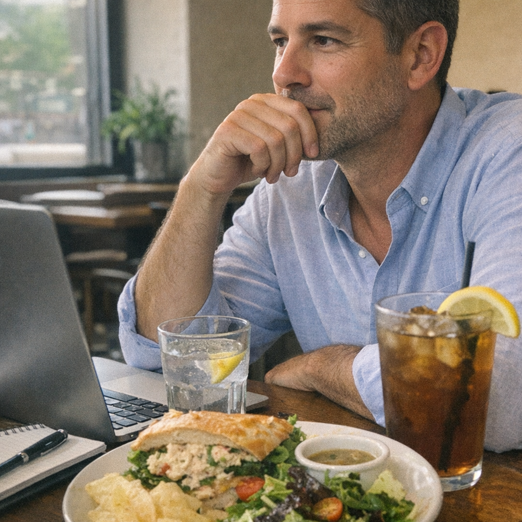 Close-up scene for lunch meetings with a phone and a water bottle
