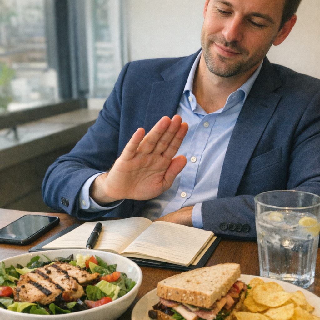 Close-up scene for lunch meetings with a phone and a water bottle