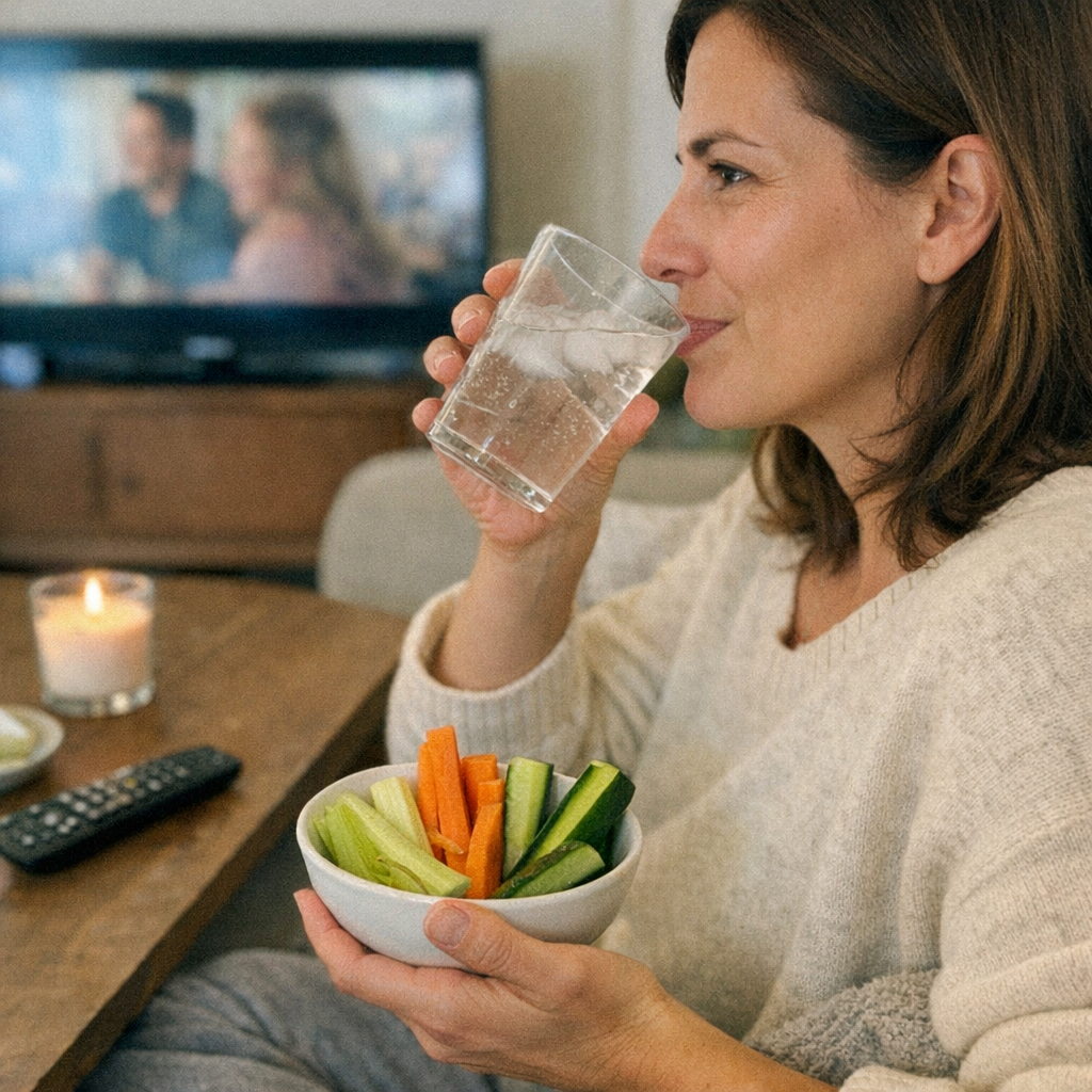 Close-up scene for movie nights with a phone and a water bottle