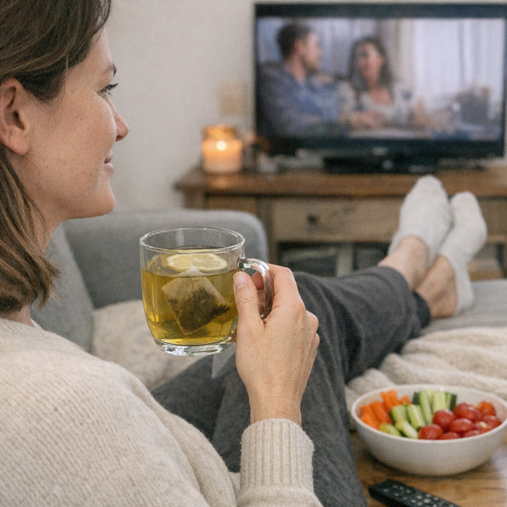 Close-up scene for movie nights with a phone and a water bottle