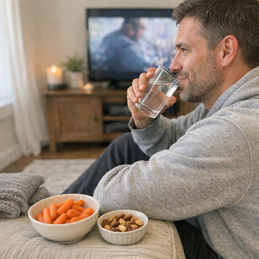 Close-up scene for movie nights with a phone and a water bottle
