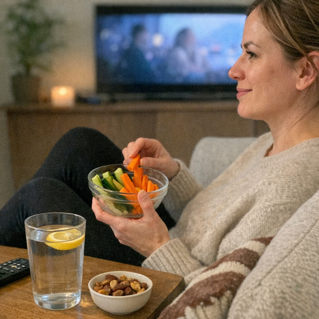 Close-up scene for movie nights with a phone and a water bottle