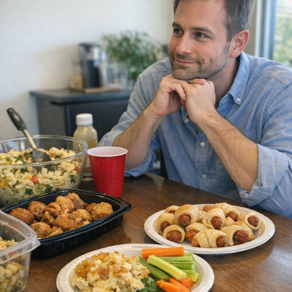 Close-up scene for office potlucks with a phone and a water bottle