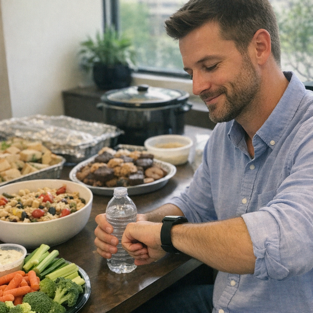 Close-up scene for office potlucks with a phone and a water bottle