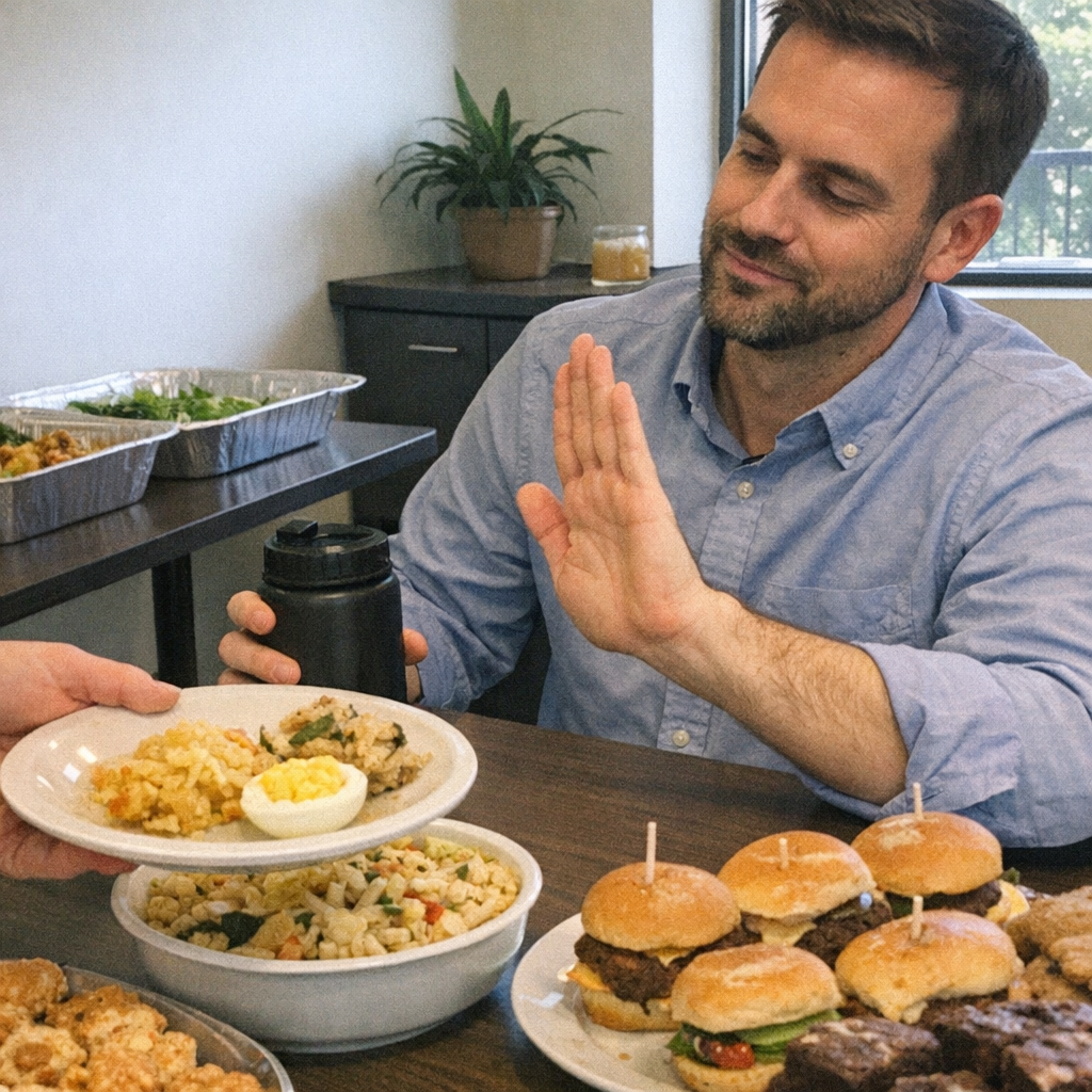 Close-up scene for office potlucks with a phone and a water bottle