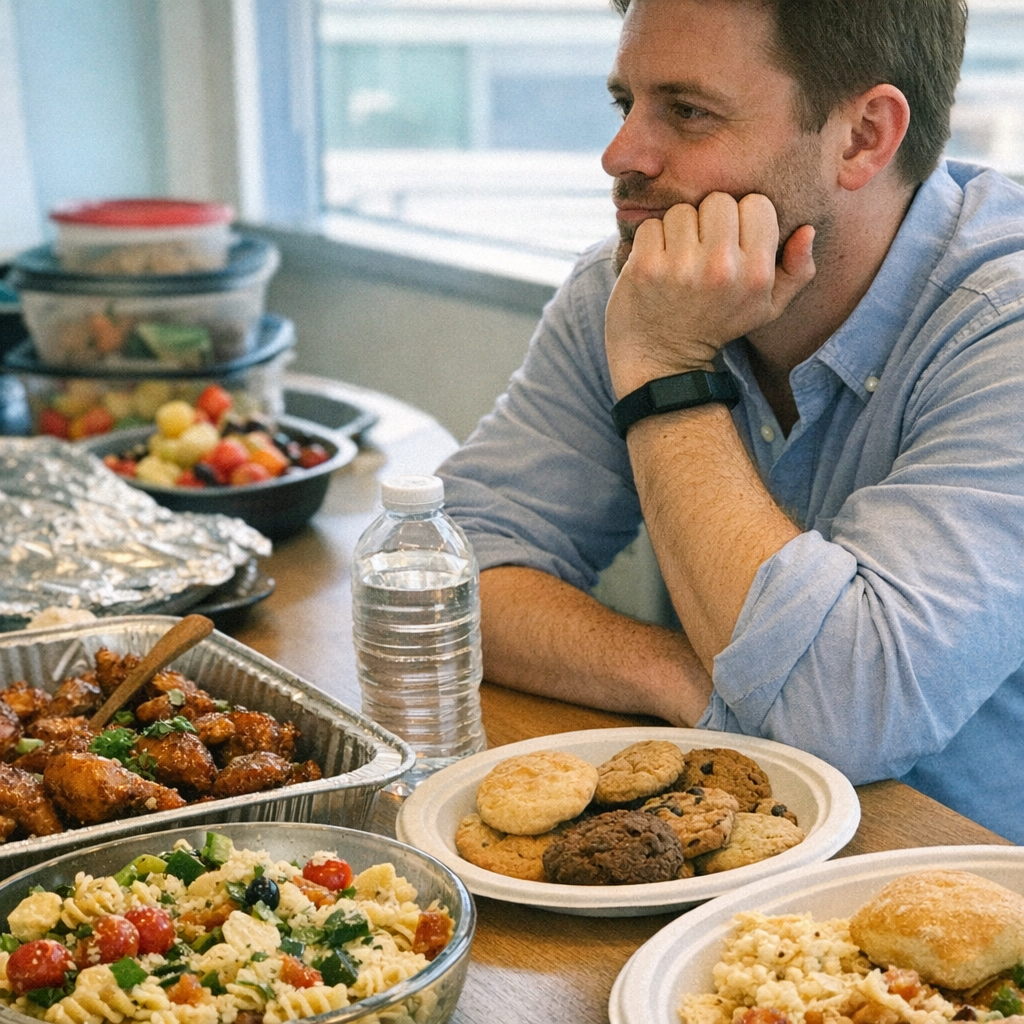 Close-up scene for office potlucks with a phone and a water bottle