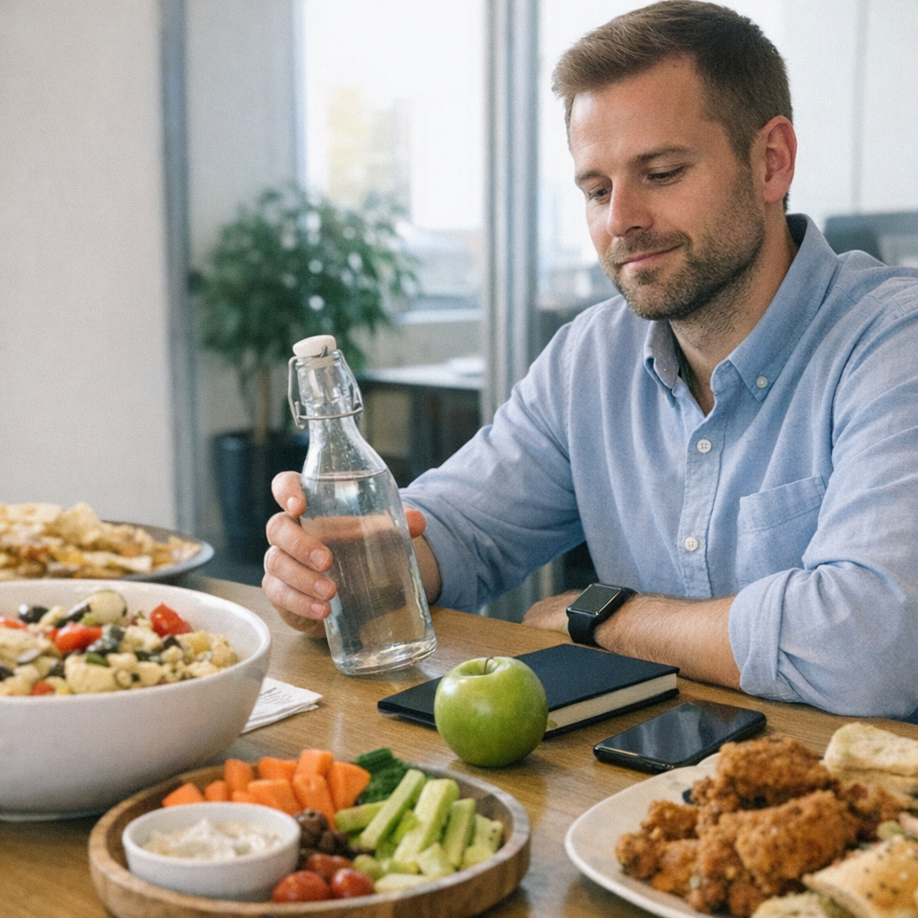 Close-up scene for office potlucks with a phone and a water bottle