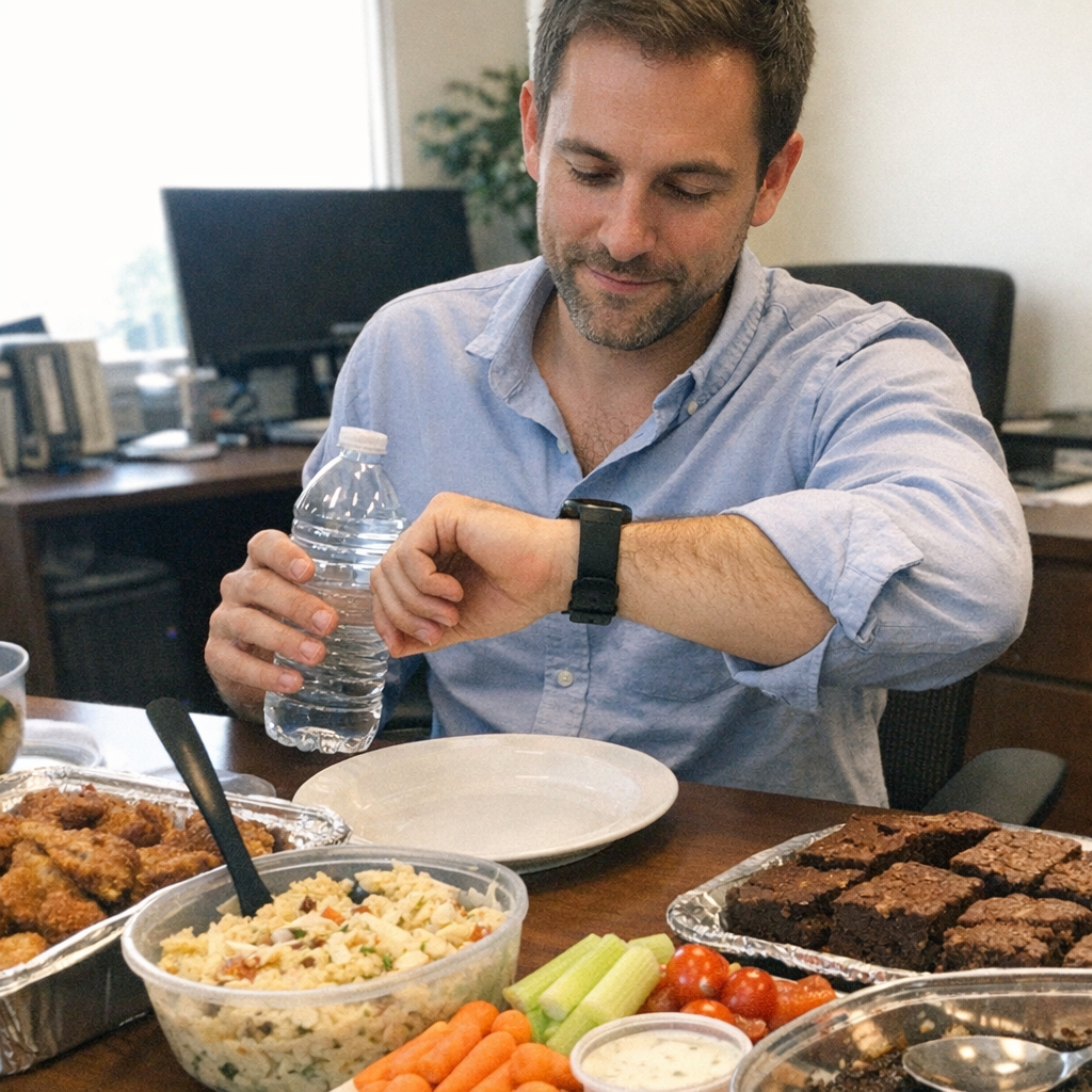 Close-up scene for office potlucks with a phone and a water bottle
