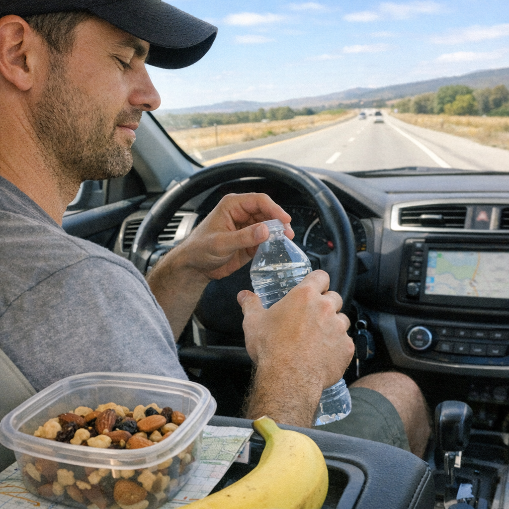 Close-up scene for road trips with a phone and a water bottle