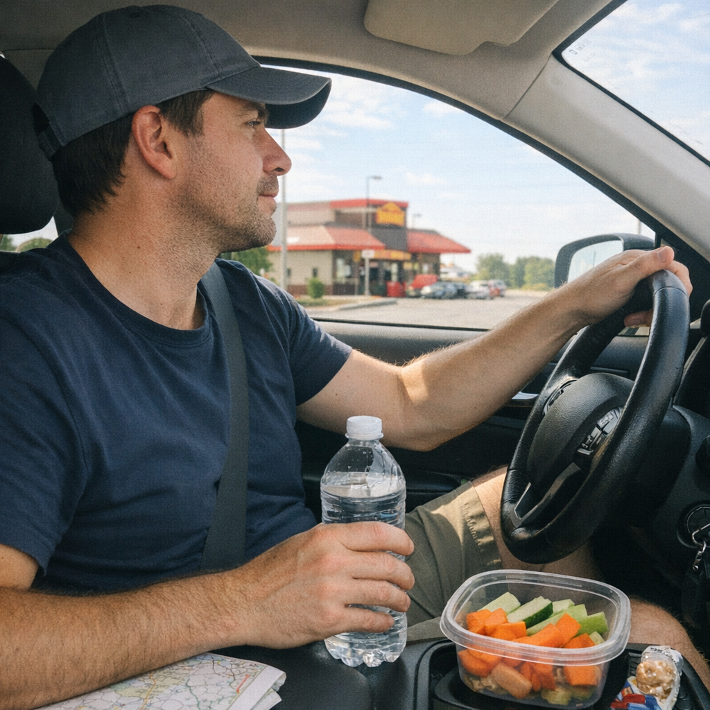 FastMinder fasting timer and a water bottle for road trips