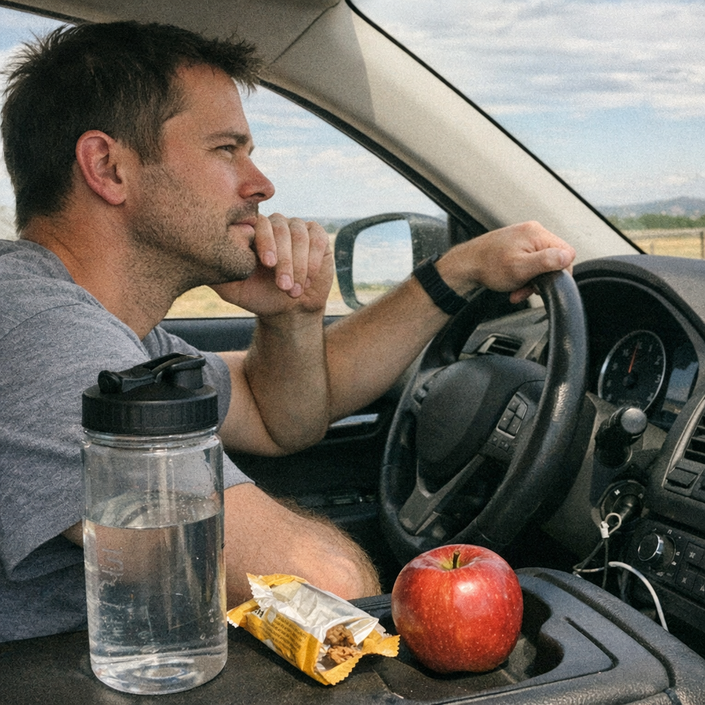 Close-up scene for road trips with a phone and a water bottle