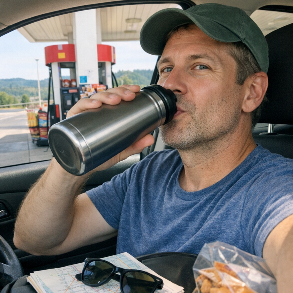 FastMinder fasting timer and a water bottle for road trips